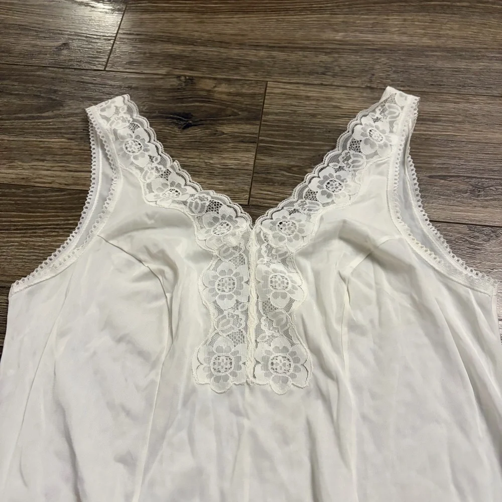 60s/70s European Vintage Silky Floral Lace Trim Midi Slip Dress (Ivory) Size L